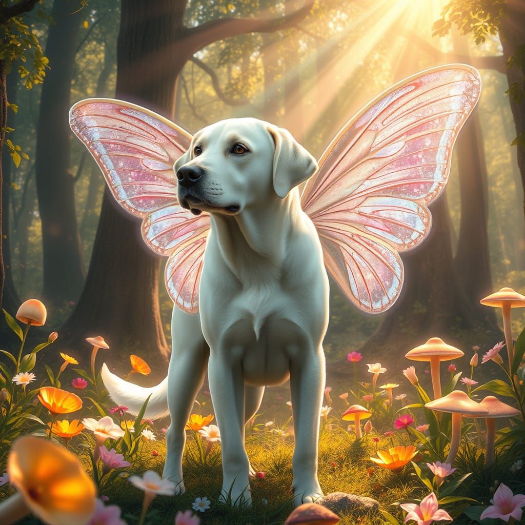 Labrador-Butterfly Hybrid in Ethereal Steampunk Forest