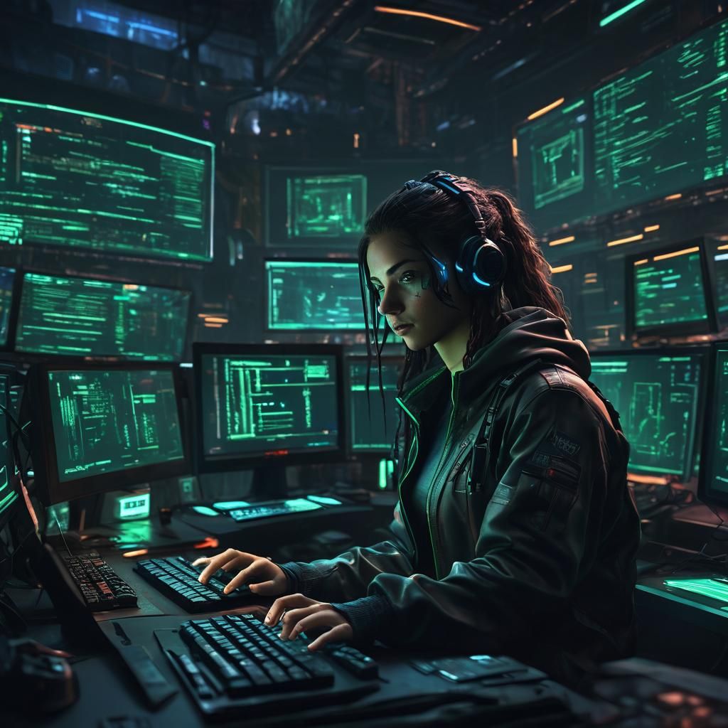 Cyberpunk Hacker in Neon-Lit Command Center