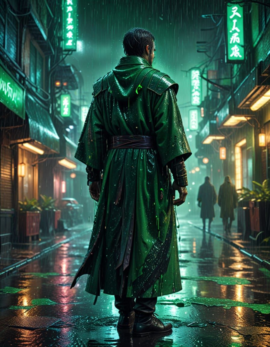 Sci-Fi Imperial Figure in Green Rain