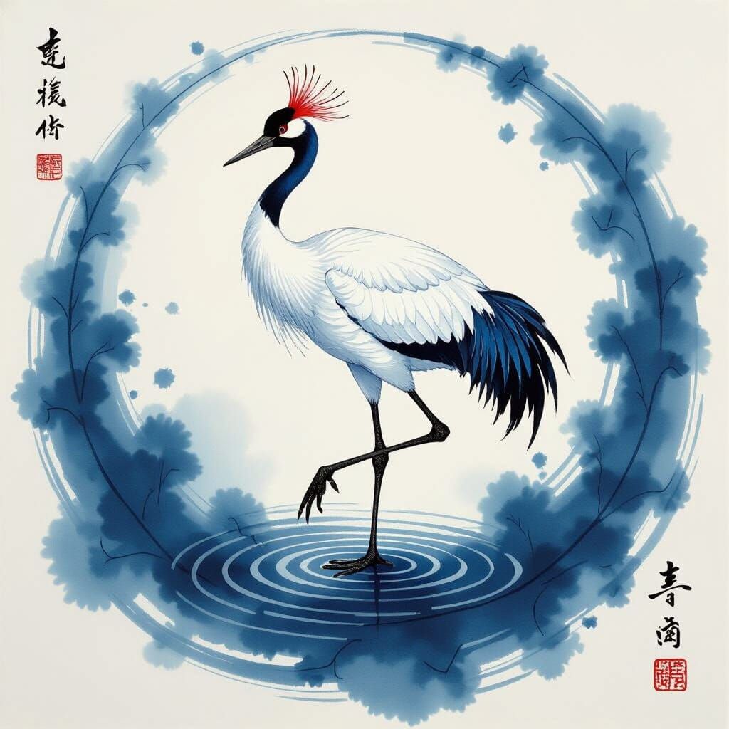 Blue Crane Balances: Ink Wash Painting in Yin-Yang Circle