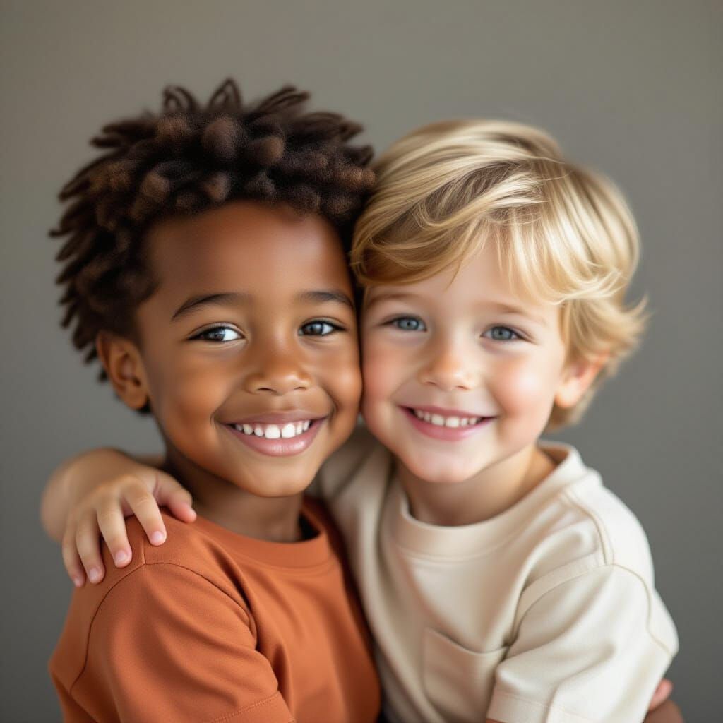 Diverse Friendship: Boys Hugging in Warm Studio Portrait