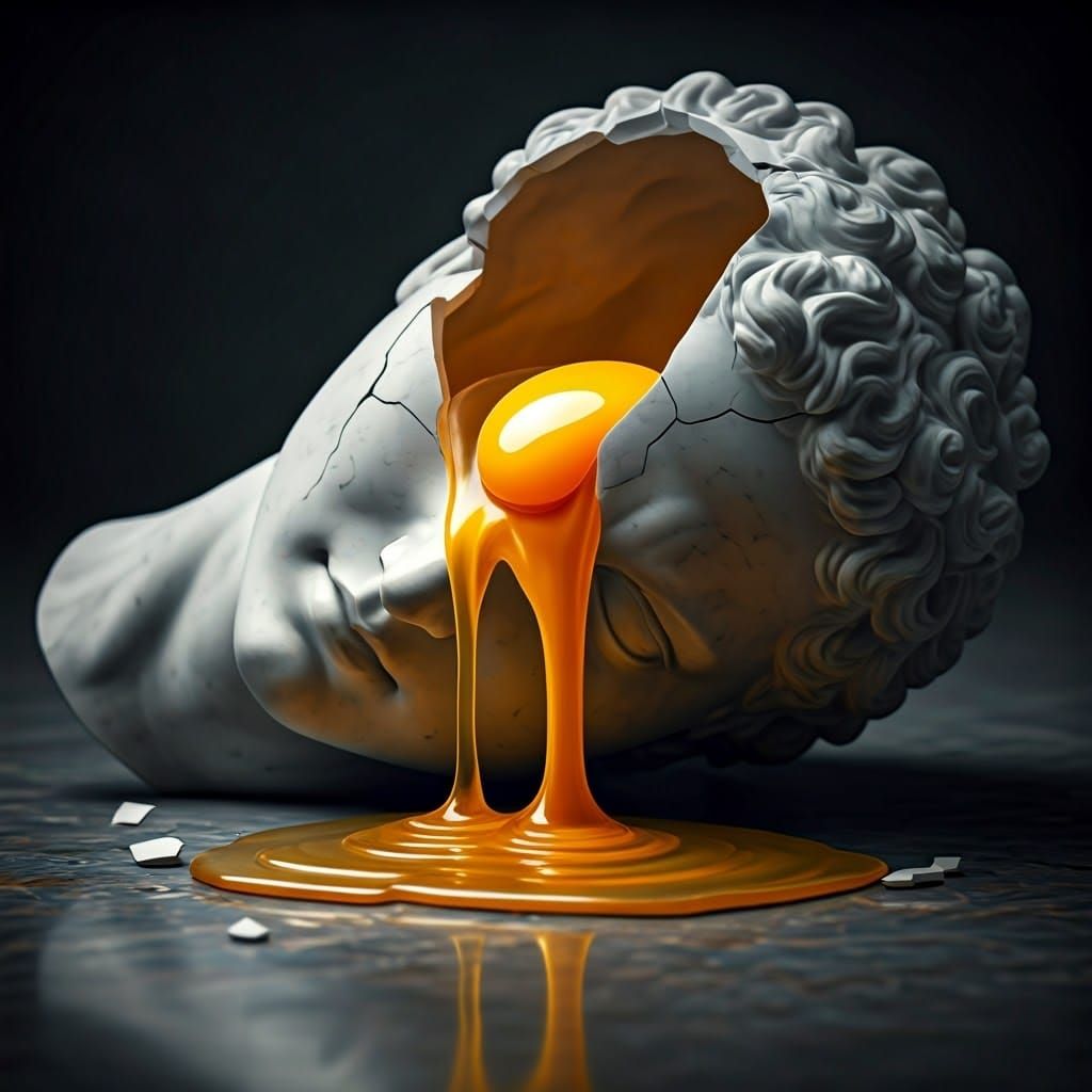 Surreal Hyper-Realistic Marble Shattered by Golden Egg