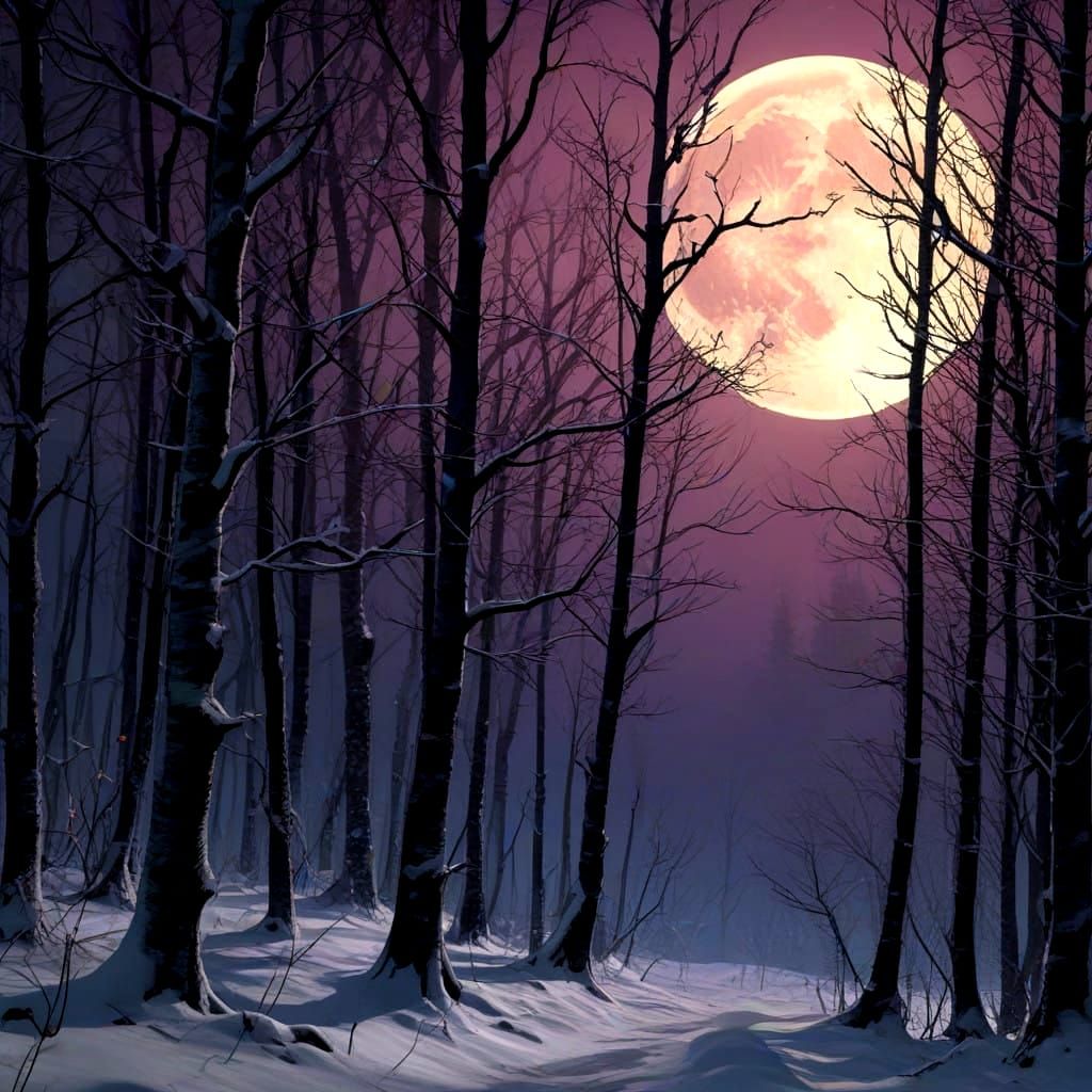 Winter Birch Forest Under Full Moon
