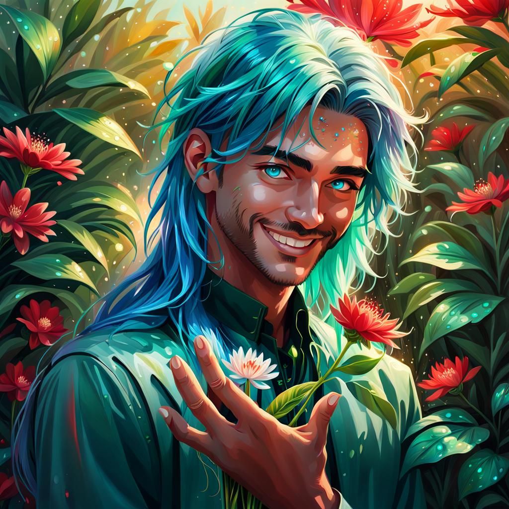 Neon Haired Man Contemplates Blooming Flower