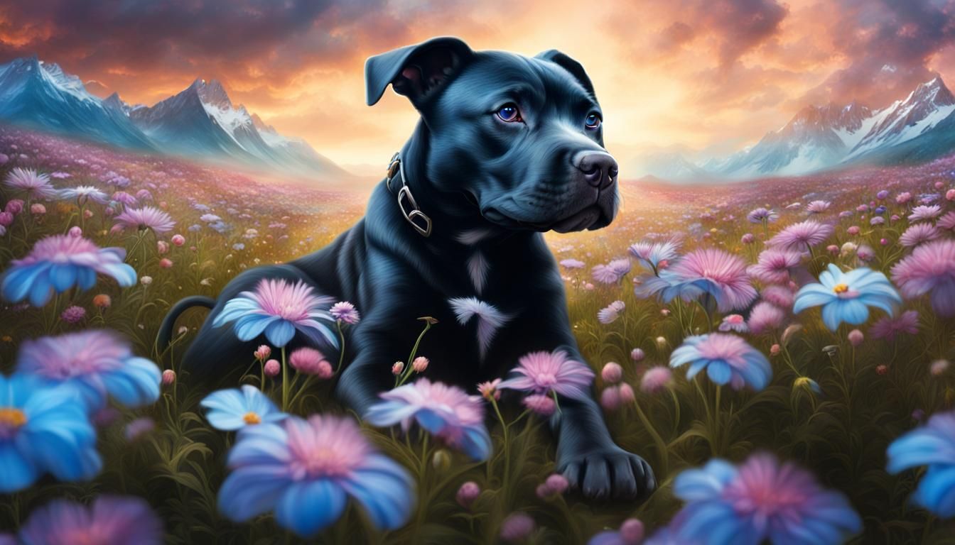 Blue-Eyed Pitbull Puppy in a Galactic Flower Field
