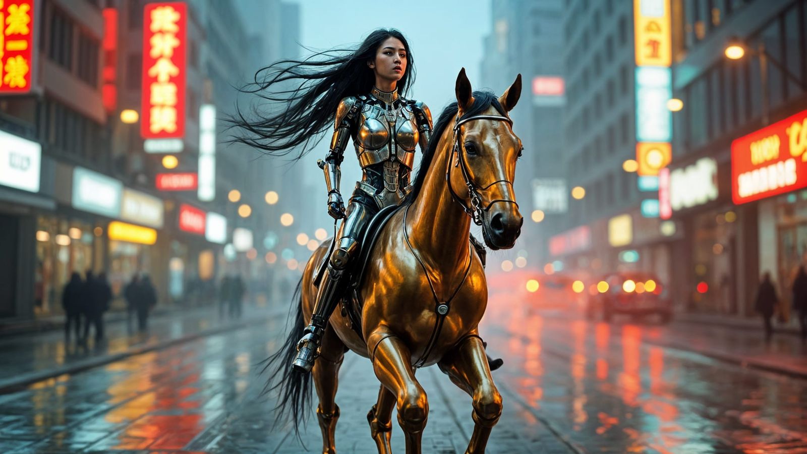 Cyberpunk Cyborg Woman on Robotic Horse in City