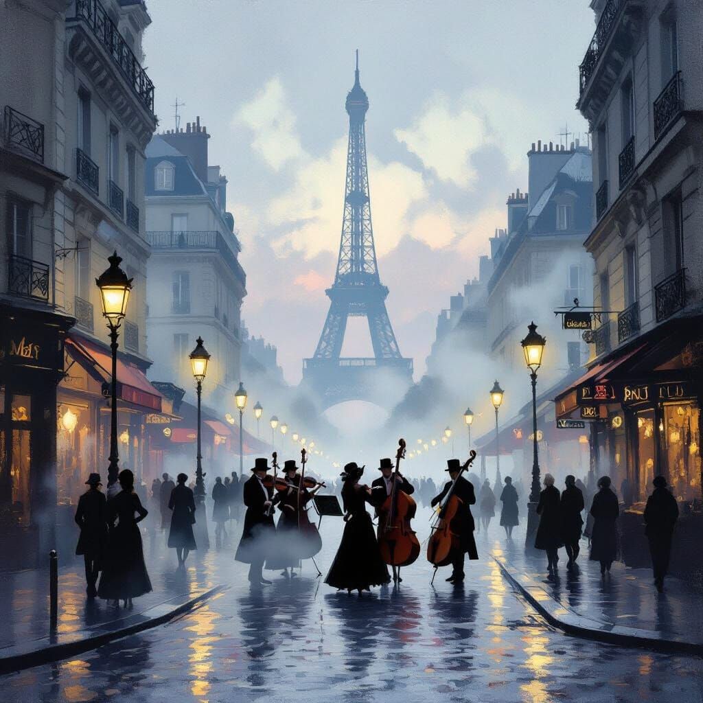 Victorian Paris Twilight Scene with Musicians and Eiffel Tow...
