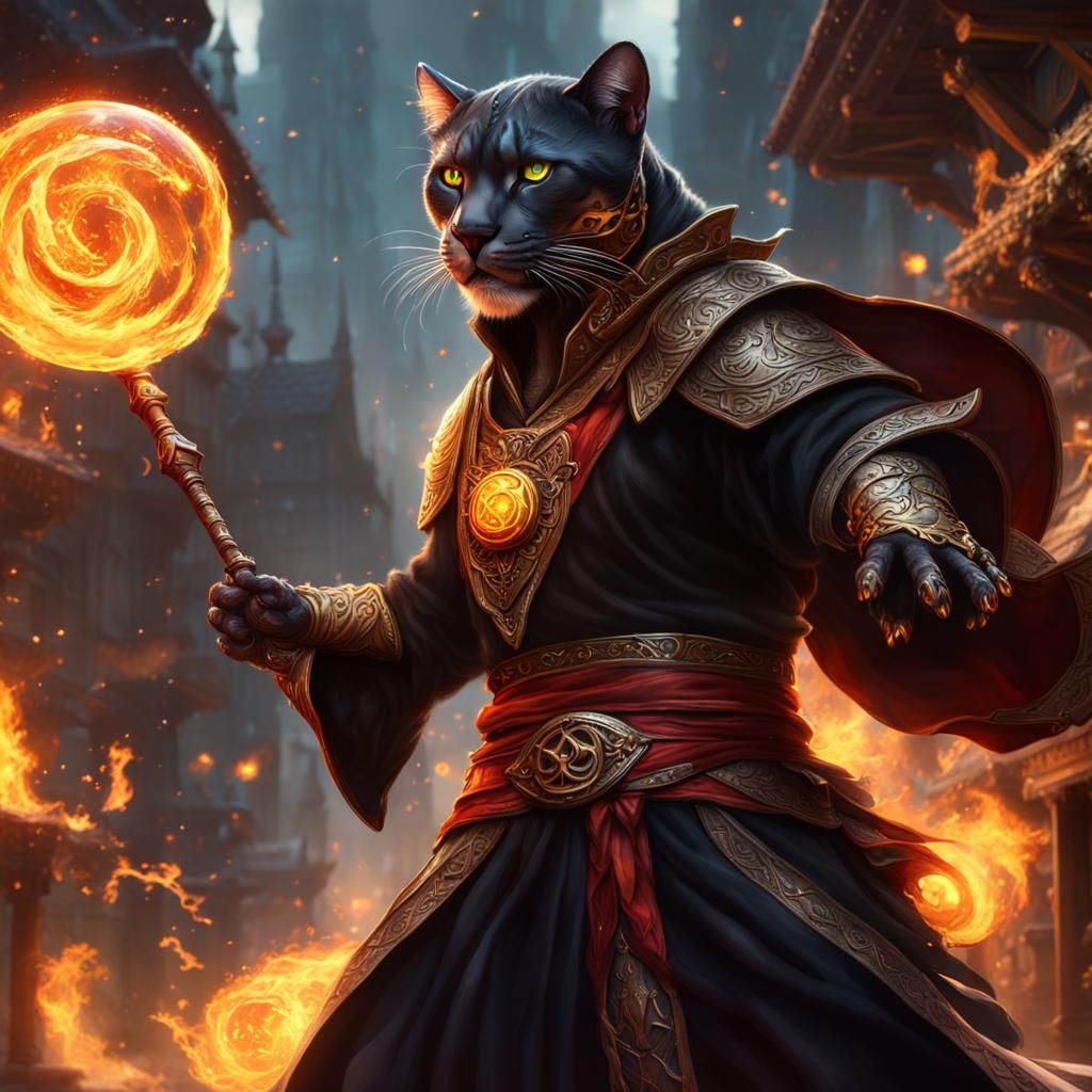 Epic Tabaxi Wizard Conjures Fireball in Detailed Scene