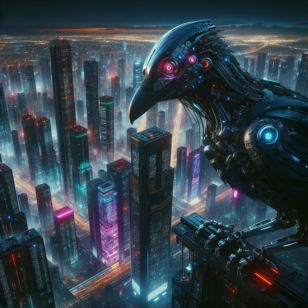 Cybernetic Raven Over Cyberpunk Cityscape at Night