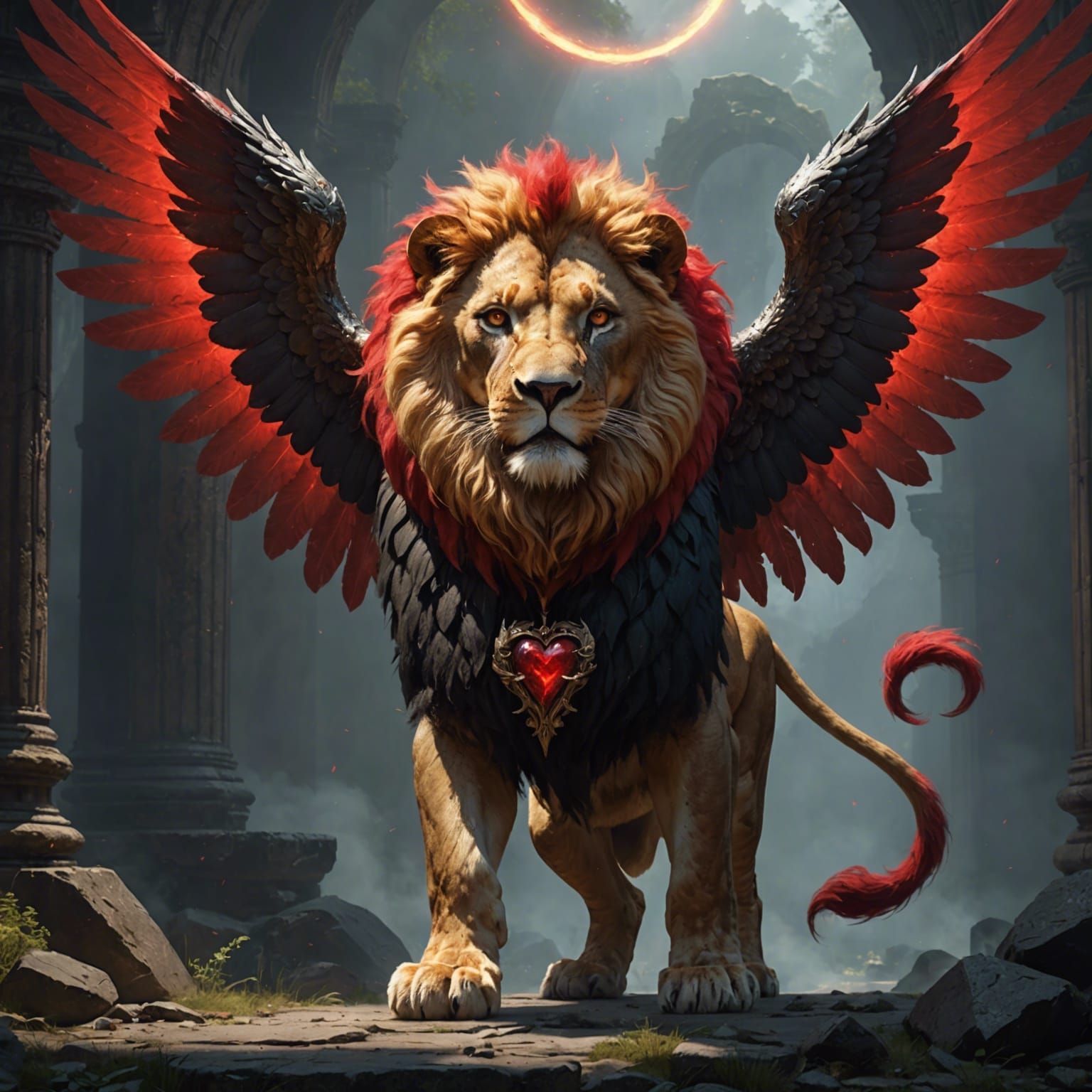 Lion with Angel Wings and Halo, Dark Fantasy Art