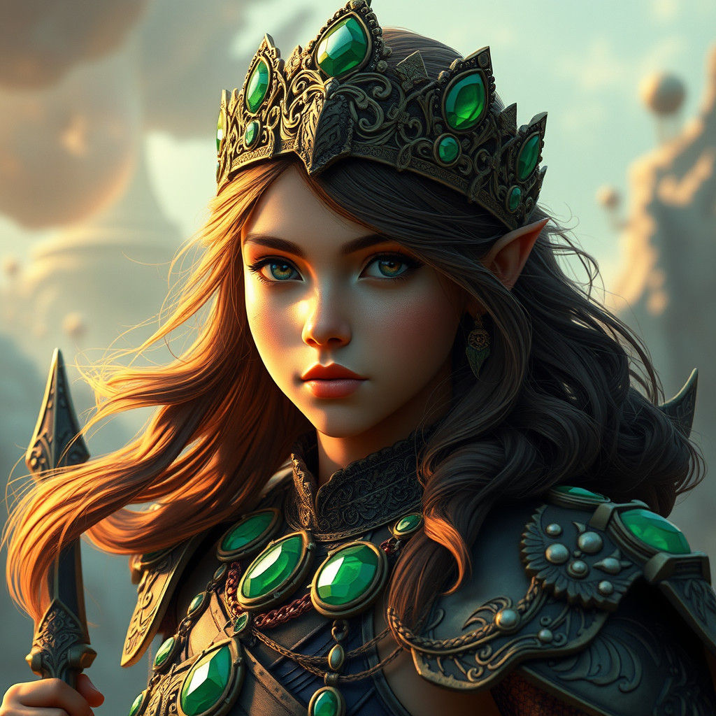 Brave Warrior Girl in Jewel Armor, Dreamlike Art