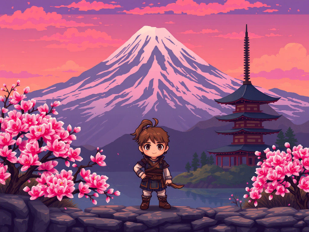 8-Bit Pixel Art Hero and Mountain Vista