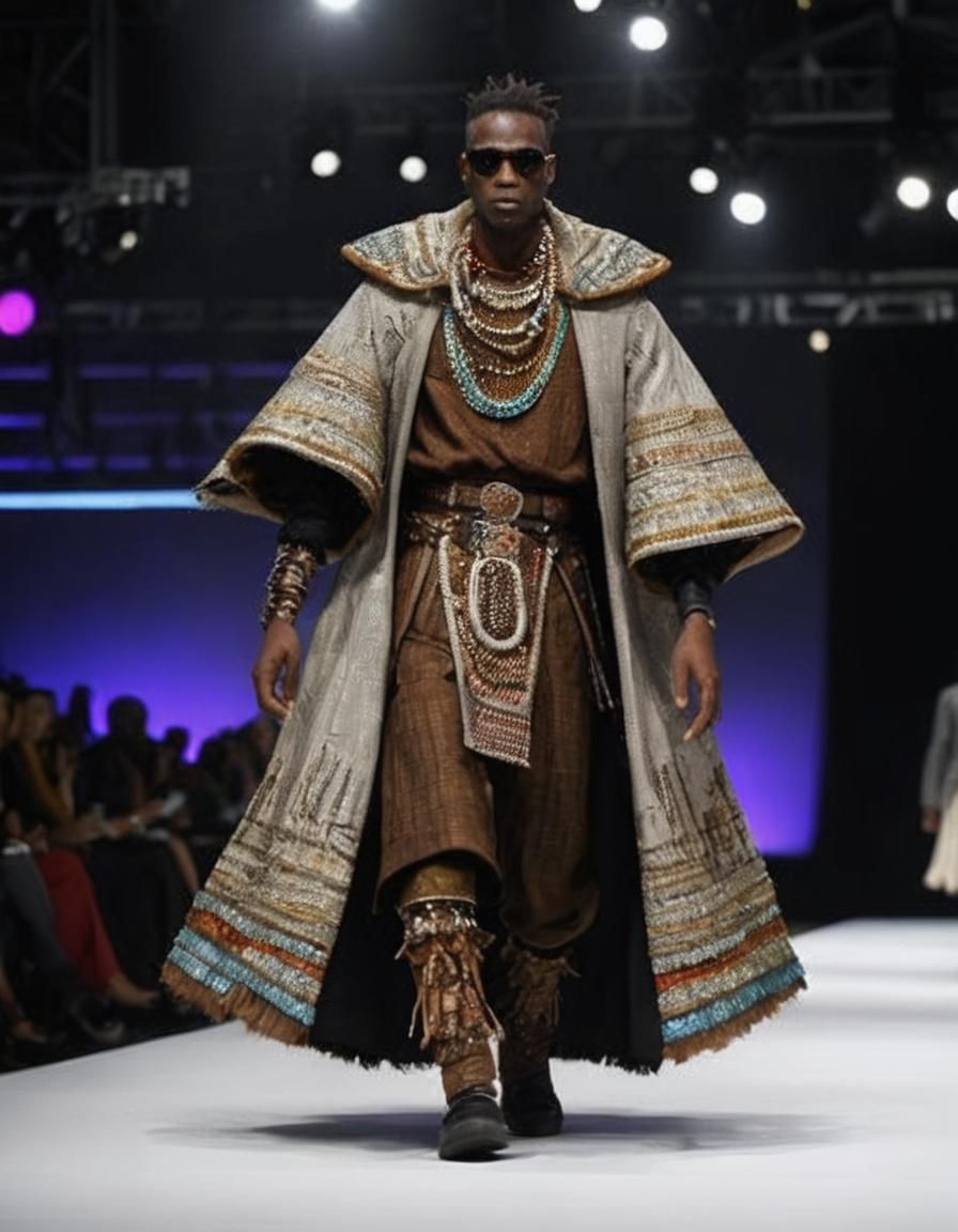African Fashion Model Struts on Catwalk in Extravagant Nomad...