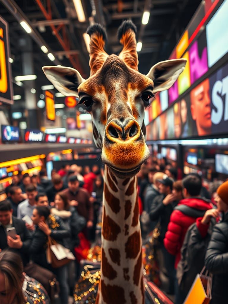 Giraffe Observes Black Friday Chaos: Digital Art