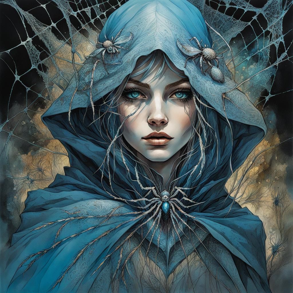 Spider Witch Casting Web Magic in a Cavern