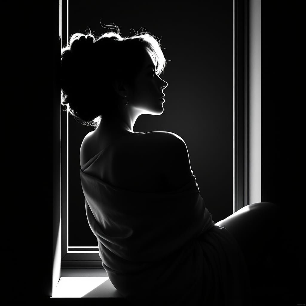 Woman in Contemplative Repose, Silhouetted by Radiant Light