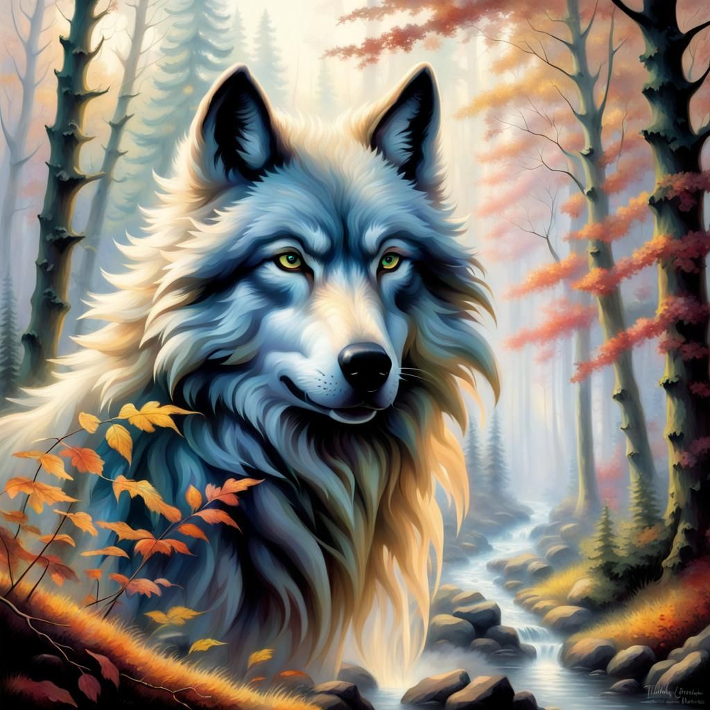 Ethereal Autumn Wolf in Misty Forest