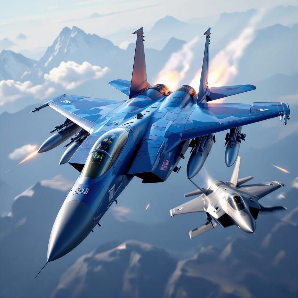 F-15 Jet with Blue-White Paint Chased by F-35