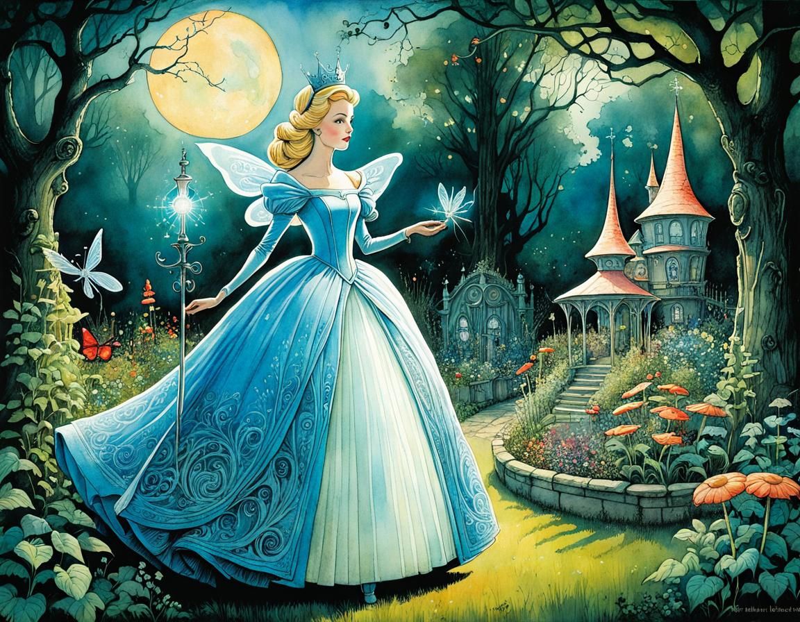 Cinderella in Garden, Art Brut Colored Ink Illustration