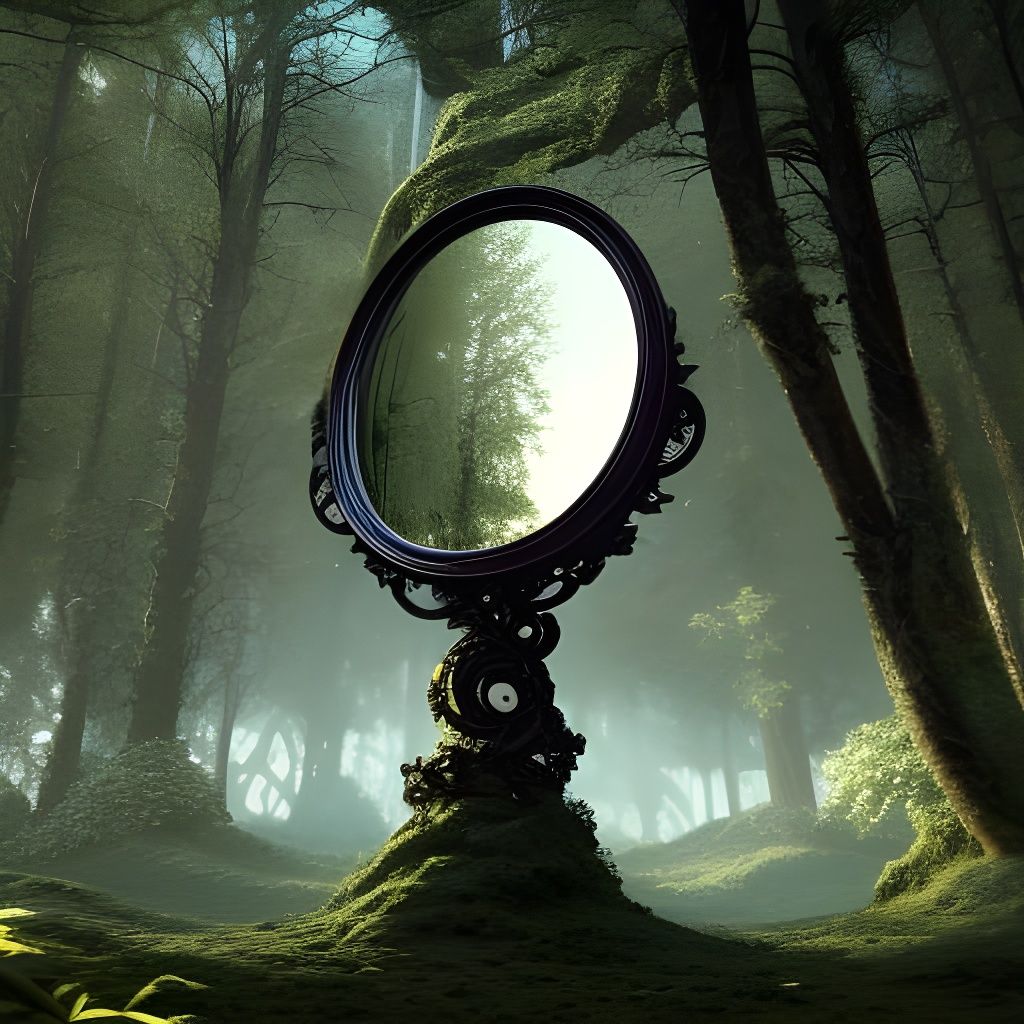 Giant Mirror in Forest, Ornate Hyperrealistic Rendering
