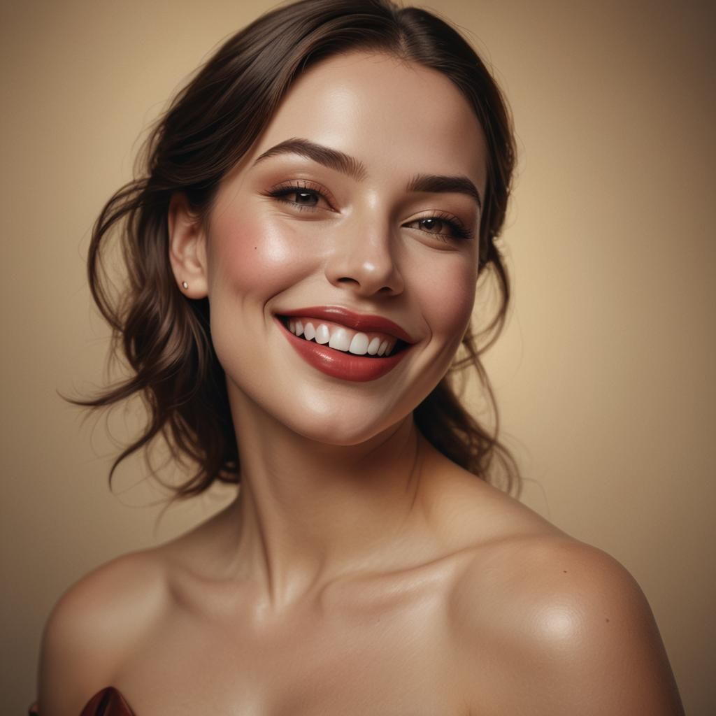 A radiant woman with wide hips and a heart-shaped face smile...