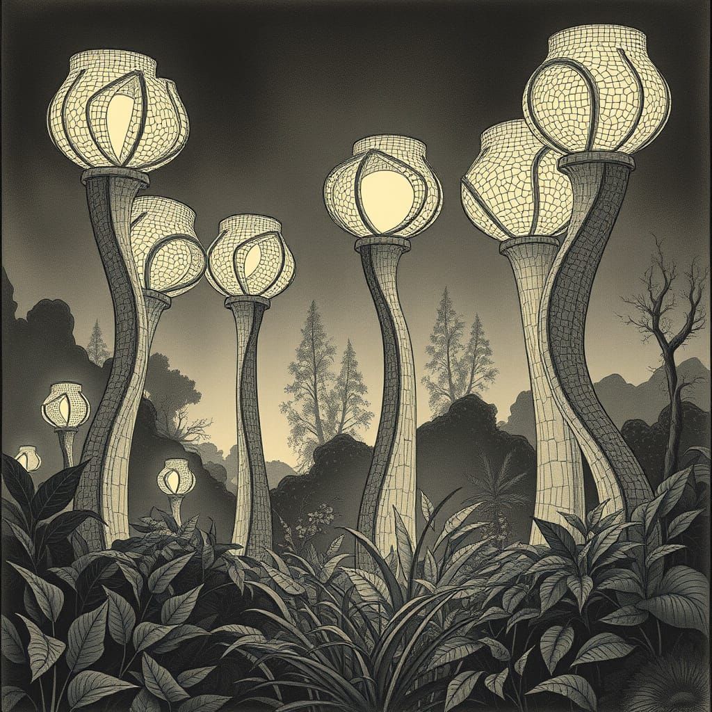 Surreal Garden with Twisted, Cubist Lamp Forms in Soft, Lumi...