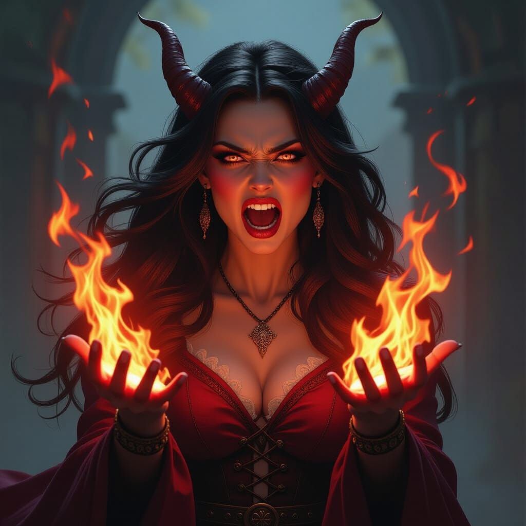 Tiefling Mage Unleashes Fiery Spell in Dramatic Fantasy Art