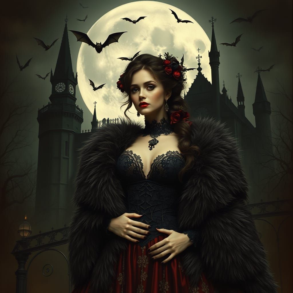 Elegant Goth Woman in Haunted Mansion Scene