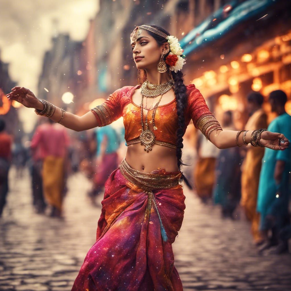 Indian Dancer in City: Holographic Astral Illustration