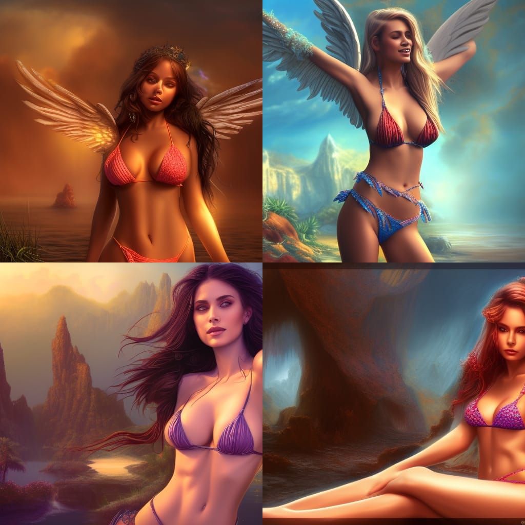 Smiling Angelic Model in Bikini: Detailed Digital Painting