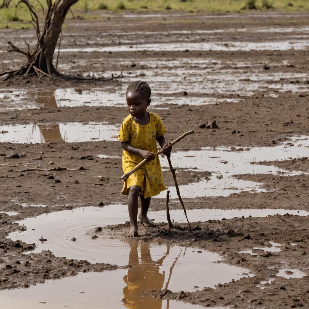 African Girl Plays in Muddy Savanna Pond