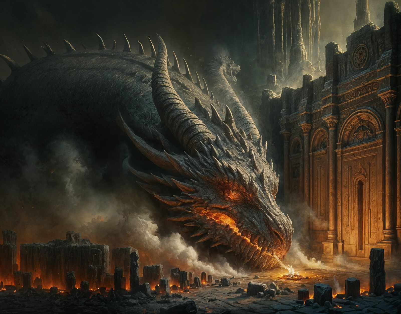 Ember-Cracked Dragon Sleeps in Volcanic Palace Ruins