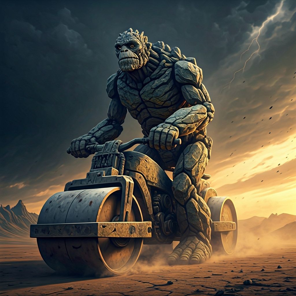 Rock Biter on Steamroller Bike in Moody Landscape