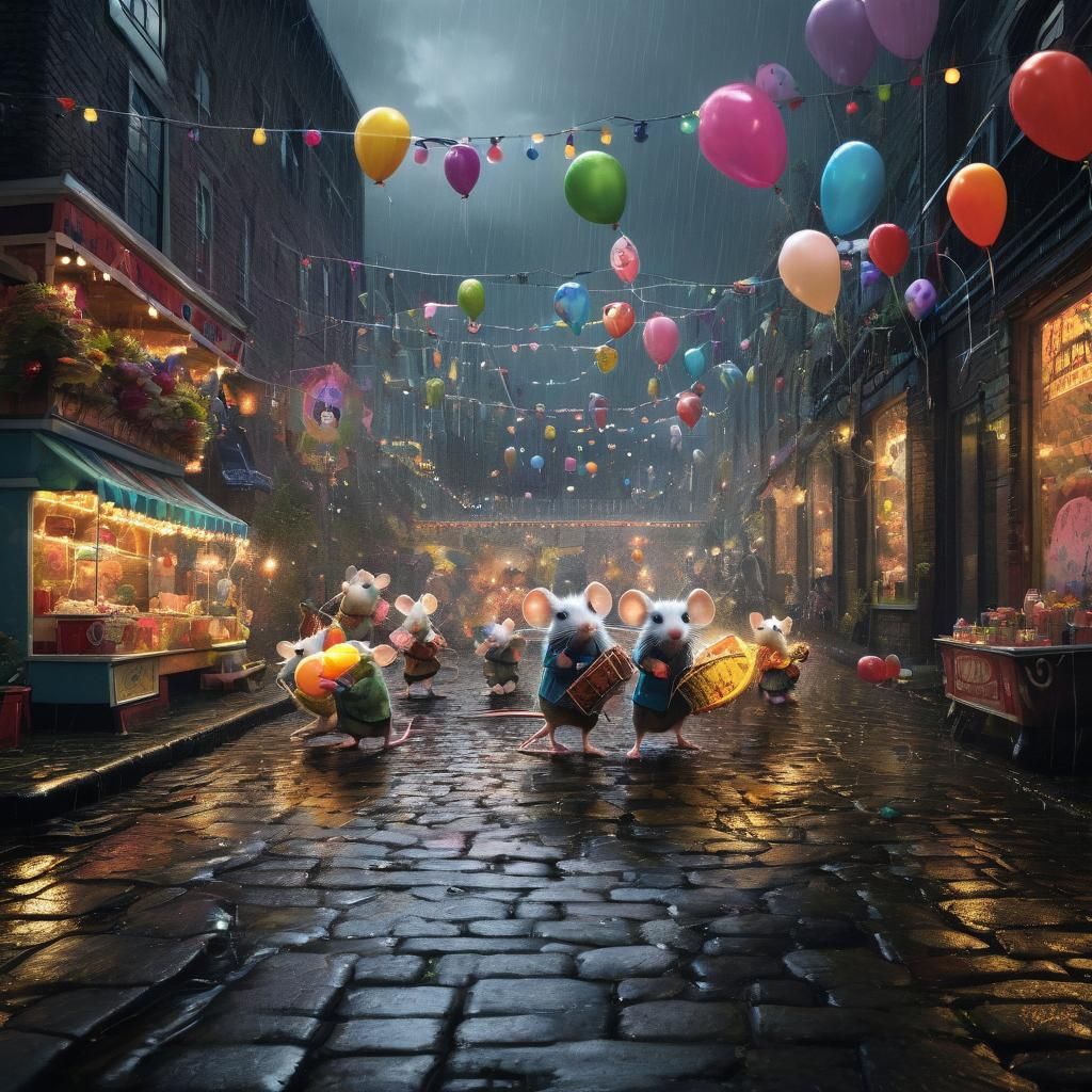 Mice Host a Rainy Funfair in Hyper-Realistic Style