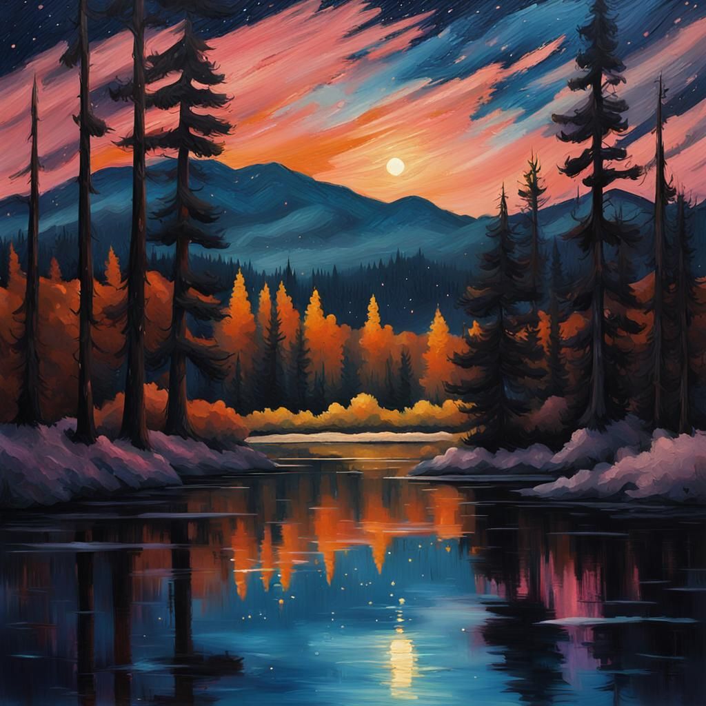 Night Waterway Reflects Starry Sky as Oil Painting