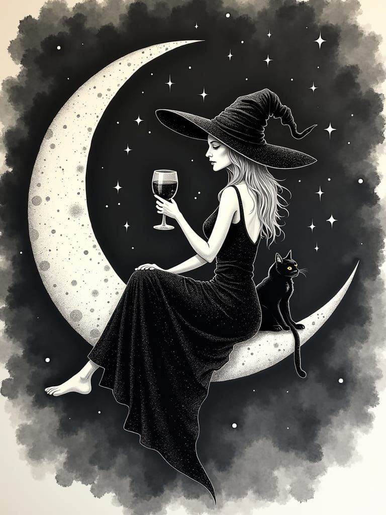 Witch on Crescent Moon in Ink Pointillism Style