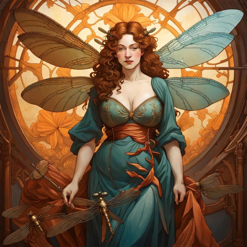 Curvy Woman with Dragonfly Wings in Art Nouveau Style