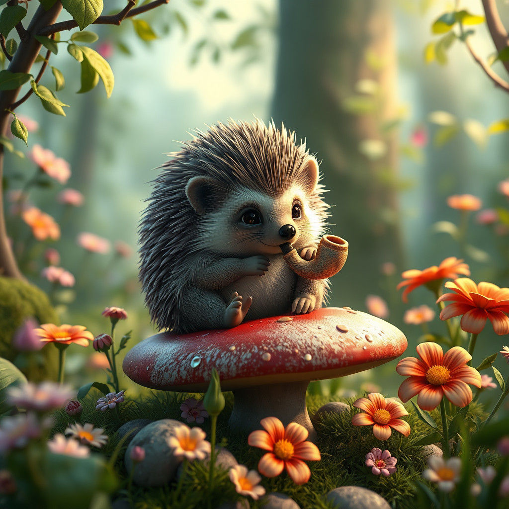 Hedgehog Smoking Pipe in Whimsical Anime Forest