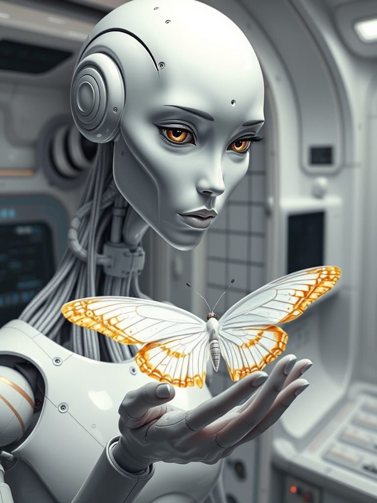 Futuristic Robot Admires Butterfly, Digital Painting