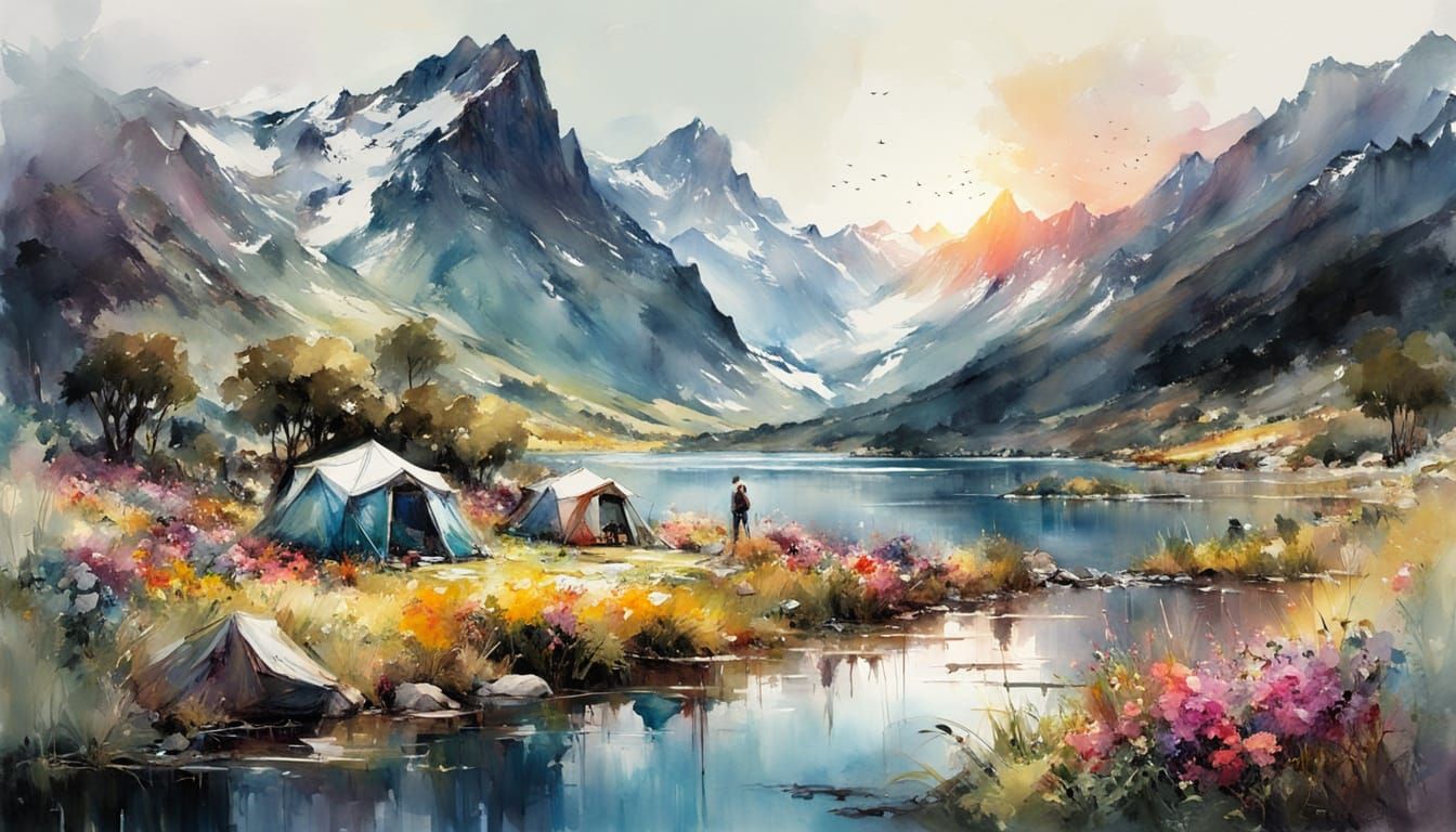 Watercolor Campsite with Spring Flowers and Sunset