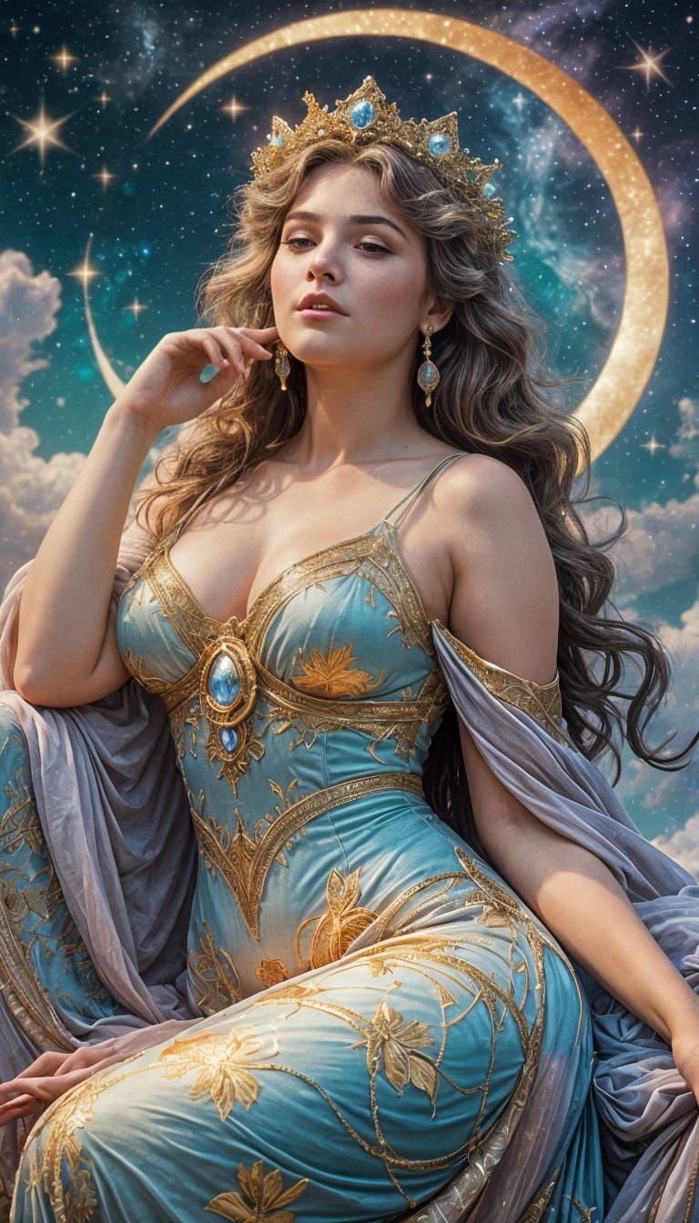 Starlight Goddess Lounging on Crescent Moon