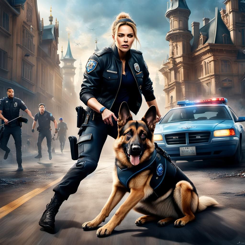 Furious Police Dog Attacks Robber in Digital Painting