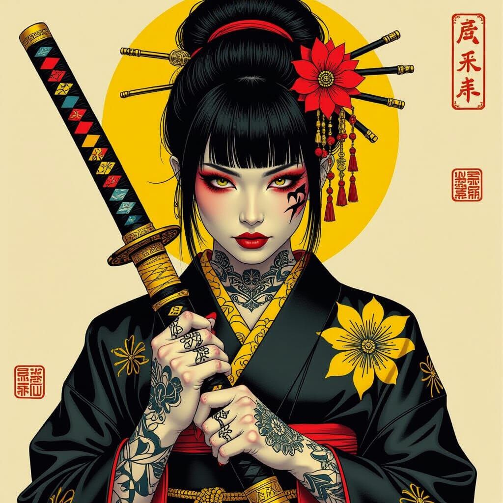 Gothic Punk Japanese Woman with Katana in Digital Art Style