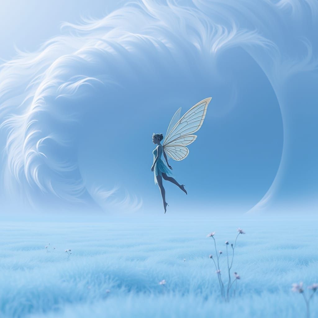 Surreal Fairy Stands Amidst Whimsical Landscape in Matte Pai...