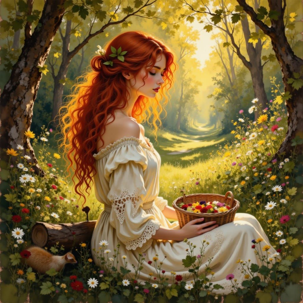 Red-Haired Woman in Milkmaid Dress in Forest
