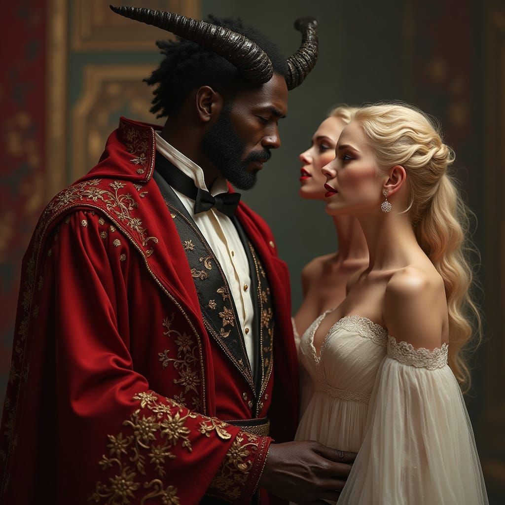 Majestic Devil in Crimson Luxury, Surrounded by Alluring Blo...