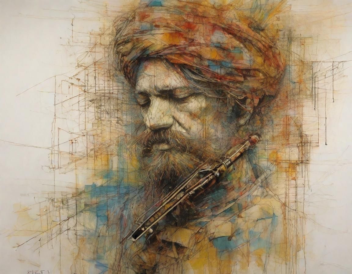 Intricate Street Musician Portrait in Mixed Media Style