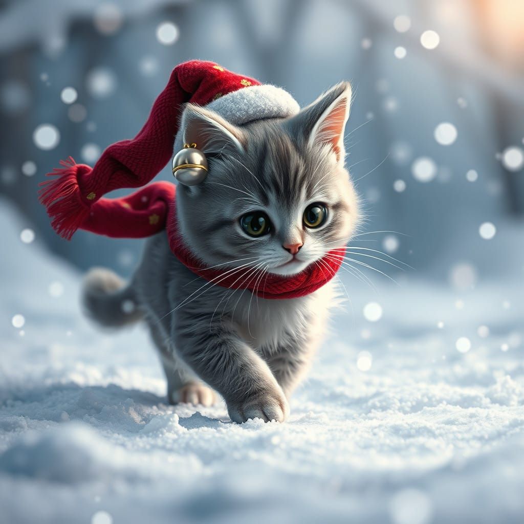 Whimsical Winter Wonderland with Grey Kitty in Crimson Scarf