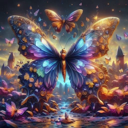 Butterfly Humanoid in Flower Field with Iridescent Wings