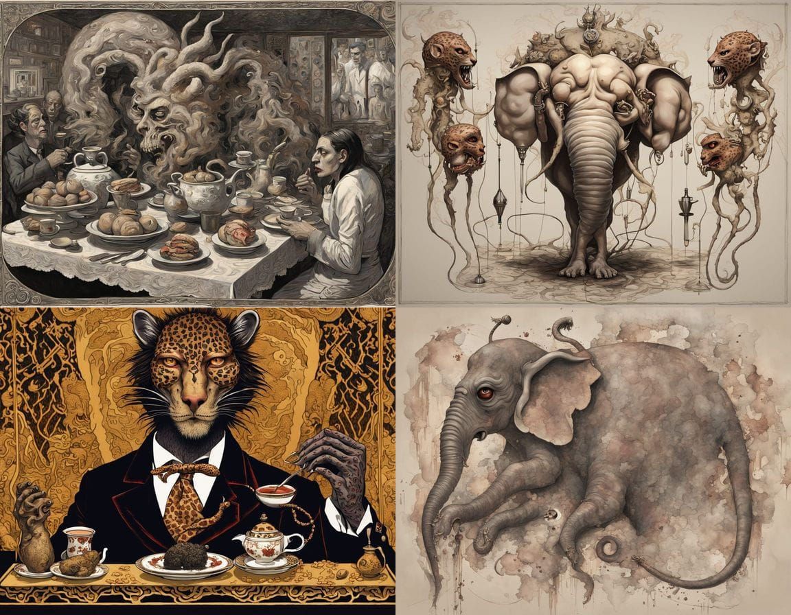 Art Deco Night Cafe: Surrealistic Horror Scene with Grotesqu...